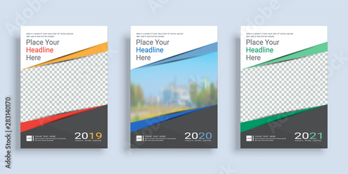 Poster cover book design template in A4 layout with space for photo background, 3 Color ways included, Use for annual report, proposal, portfolio, brochure, flyer, leaflet, catalog, magazine, booklet.