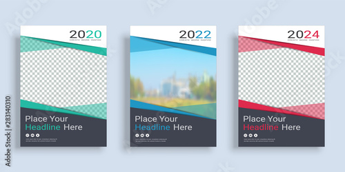 Poster cover book design template in A4 layout with space for photo background, 3 Color ways included, Use for annual report, proposal, portfolio, brochure, flyer, leaflet, catalog, magazine, booklet.