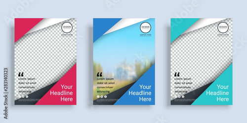 Poster cover book design template in A4 layout with space for photo background, 3 Color ways included, Use for annual report, proposal, portfolio, brochure, flyer, leaflet, catalog, magazine, booklet.