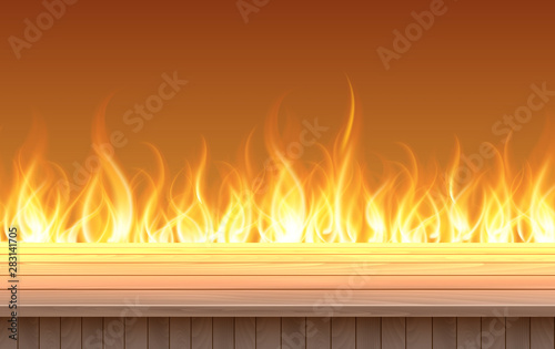 wooden table with flame background