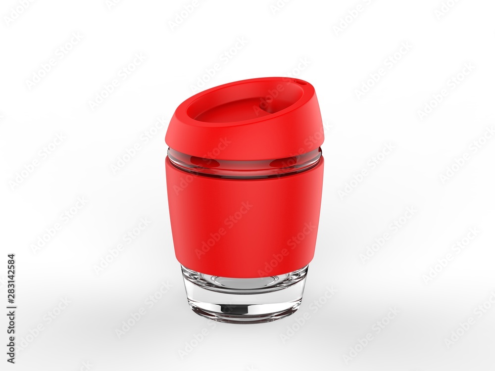 Blank Reusable Glass Coffee Mug with Silicone Lid and Silicone Sleeve For Branding. 3d render illustration. Blank Reusable Glass Coffee Mug with Silicone Lid and Silicone Sleeve For Branding. 3d render illustration.