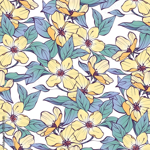 Seamless floral pattern with yellow flowers. Spring colorful background