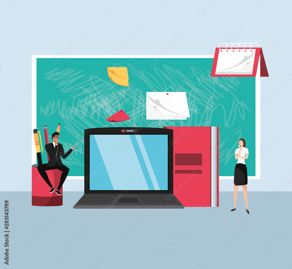 Fototapeta premium mini business couple with laptop in the workplace