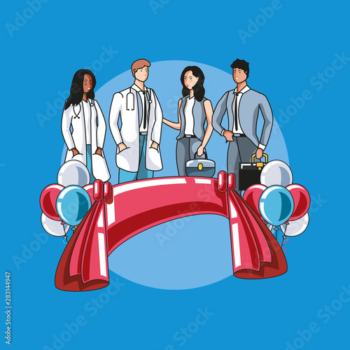 happy labor day label with group of workers