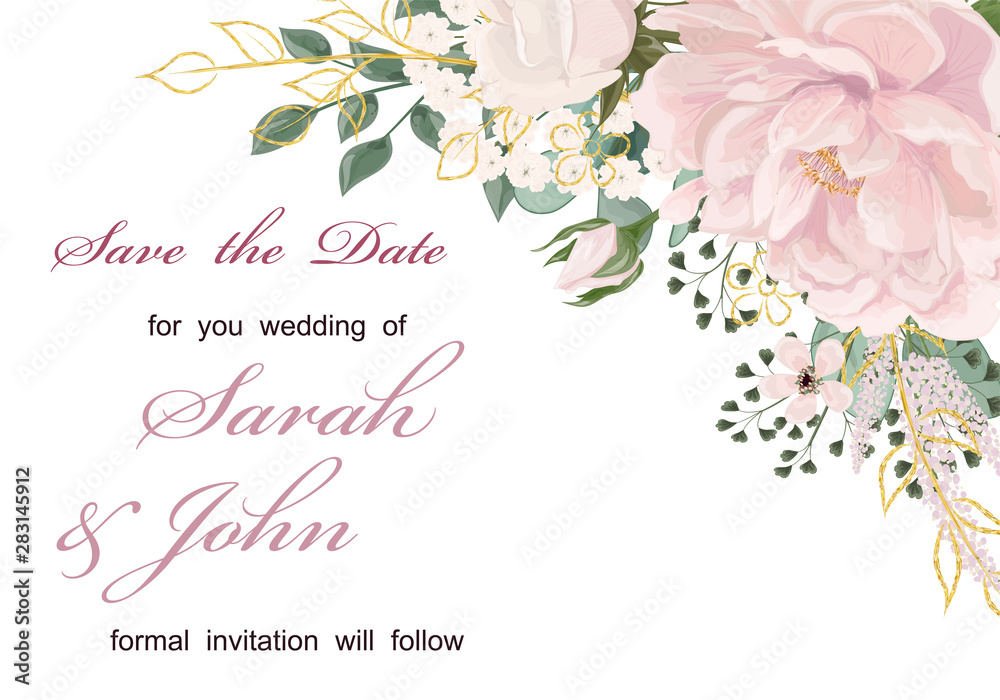 Wedding invitation with flowers Peony and leaves, watercolor, isolated on white. Vector Watercolour.