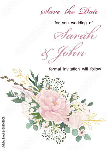 Wedding invitation with flowers Peony and leaves, watercolor, isolated on white. Vector Watercolour. © helenagl