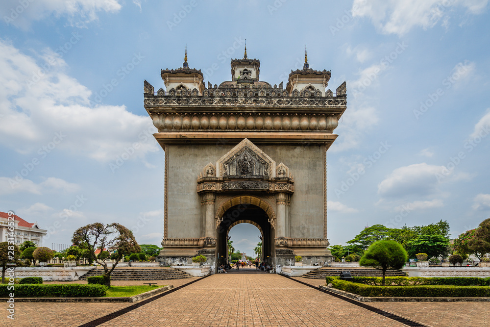 Patuxai Gate of Triumph, Vientiane, Laos  Patuxai literally meaning `Gate of Triumph` is the famous landmark in Vientiane known by the French as Monument Aux Morts is a war monument.