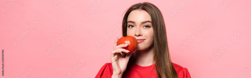 panoramic shot of young woman holding tomato and looking at camera isolated on pink panoramic shot of young woman holding tomato and looking at camera isolated on pink