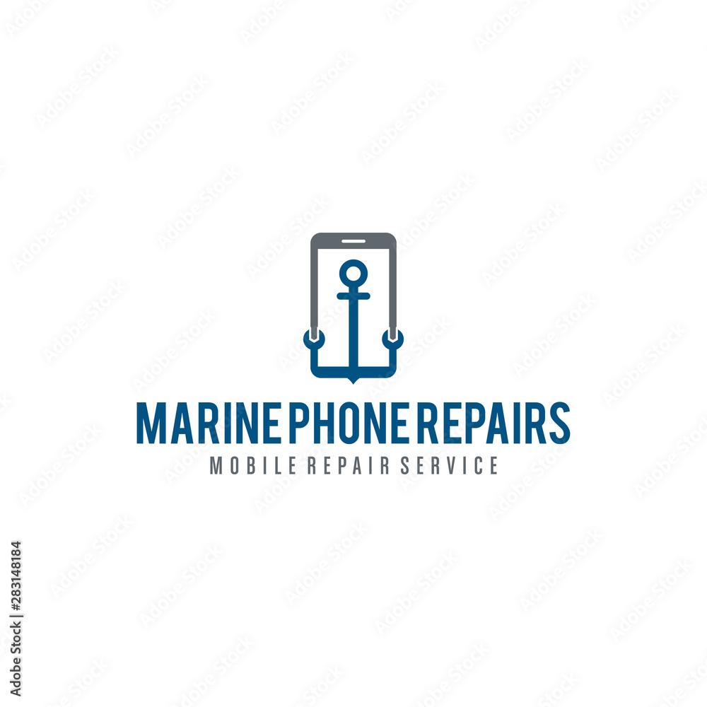 illustration of the place of repair smartphone and anchor marine equipment logo design