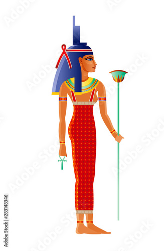 Ancient Egyptian major goddess Isis. Deity Isis, wife of Osiris. 3d cartoon vector illustration. Old mural paint art icon from Egypt. Historical god sign isolated on white background