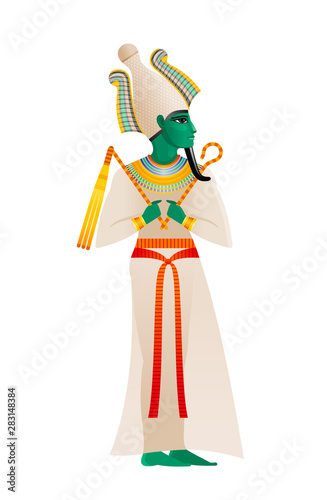 Ancient Egyptian god. Osiris Deity, lord of dead and rebirth with atef crown green skin. 3d cartoon flat vector illustration. Old mural paint art icon. Egyptian Osiris isolated on white background