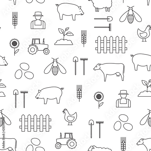 Vector seamless pattern with linear agriculture icons.