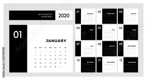 Calendar 2020Trendy Minimalist Style. Set of 12 pages desk. minimal calendar planing black and white vector design for printing template