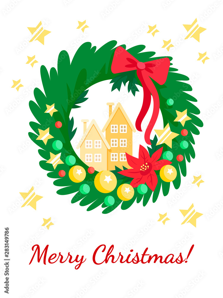 Greeting card Christmas wreath of fir-tree and balls