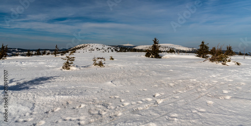 winter Jeseniky mountains panorama from Pecny hill in Czech republic photo