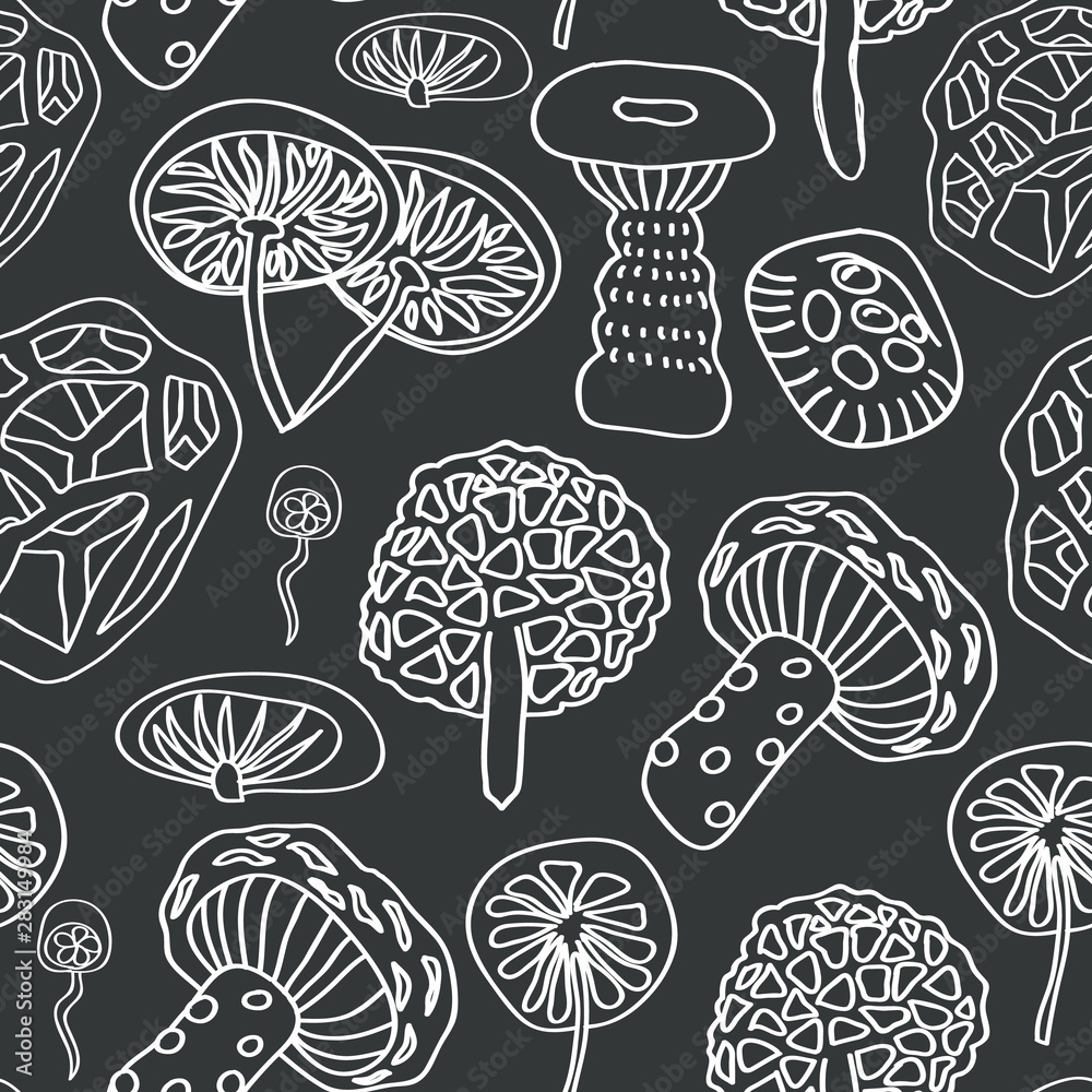 Plakat Vector different mushrooms white silhouette on grey background. Perfect for fabric.