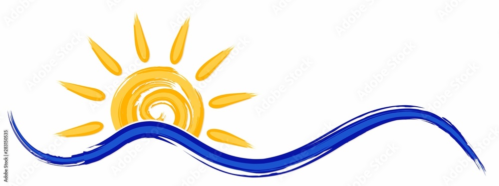 Symbol of bright summer sun with beams and Sea. - obrazy, fototapety, plakaty 