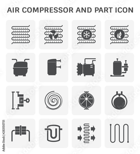 Air compressor or air condenser unit is a part of air conditioning HVAC systems. Vary type of compressor such as reciprocating, scroll, rotary, rotary vane. Including receiver. Vector icon design.