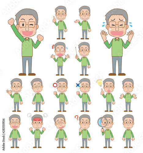 	お年寄り　おじいさん　高齢者　ポーズ　表情　セット　主線あり