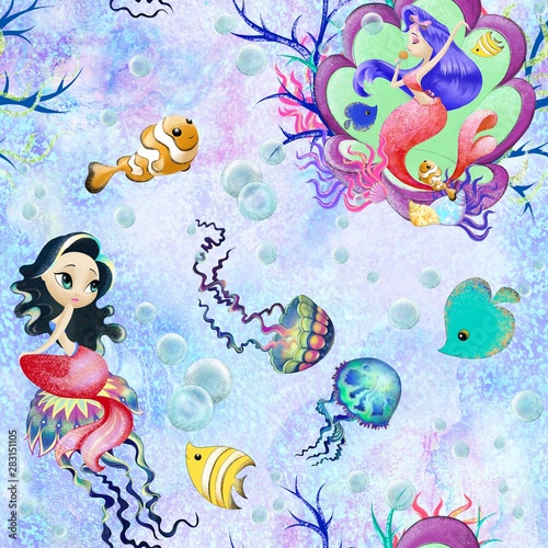 Mermaid fairytale seamless pattern. siren song underwater