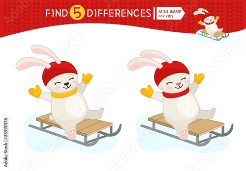 Find differences.  Educational game for children. Cartoon vector illustration of bunny riding a sled.