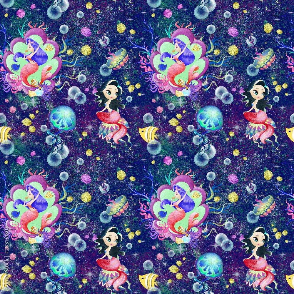 Mermaid fairytale seamless pattern. siren song underwater Mermaid fairytale seamless pattern. siren song underwater