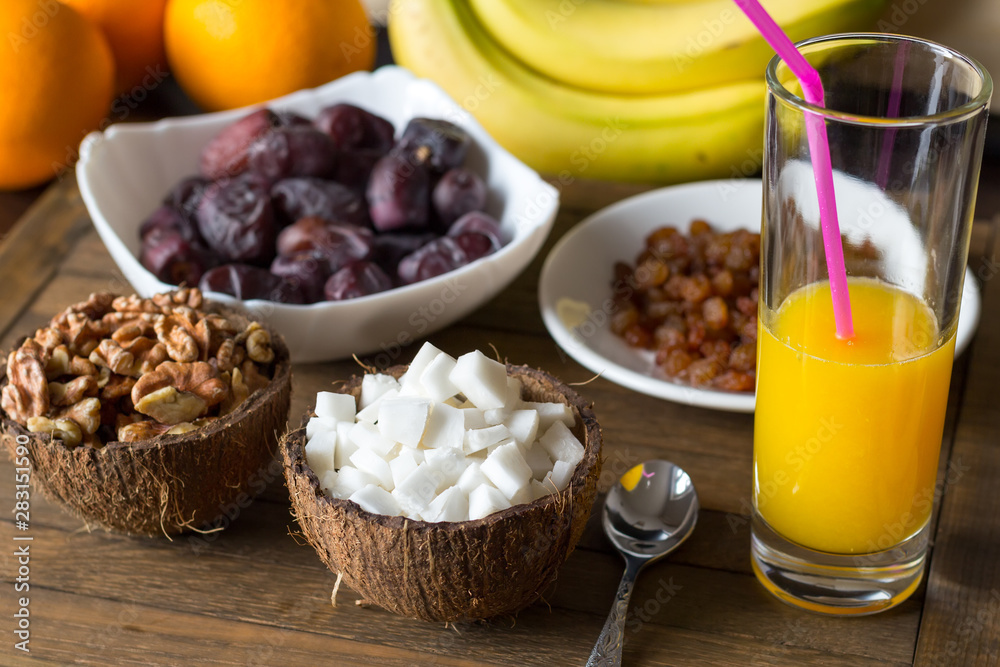 Yummy vegan breakfast on wooden table. Healthy meal concept. Yummy vegan breakfast on wooden table. Healthy meal concept.