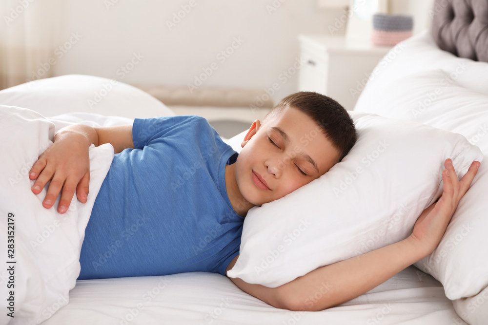 Portrait of cute boy sleeping in large bed - obrazy, fototapety, plakaty 