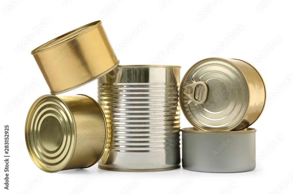Closed tin cans isolated on white, mockup for design Closed tin cans isolated on white, mockup for design