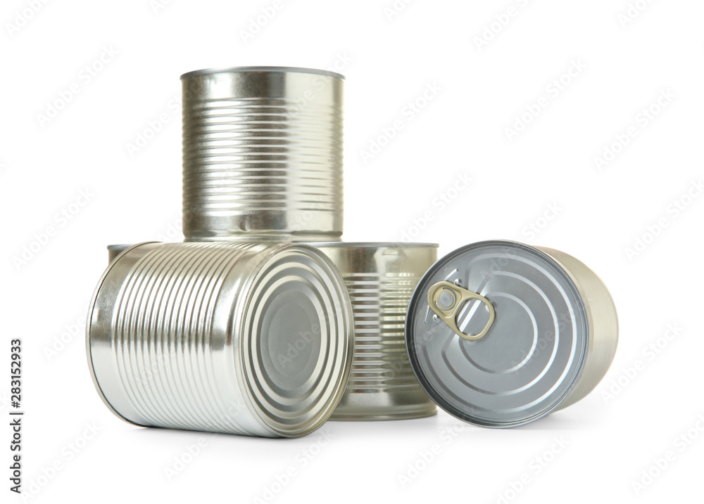 Closed tin cans isolated on white, mockup for design Closed tin cans isolated on white, mockup for design