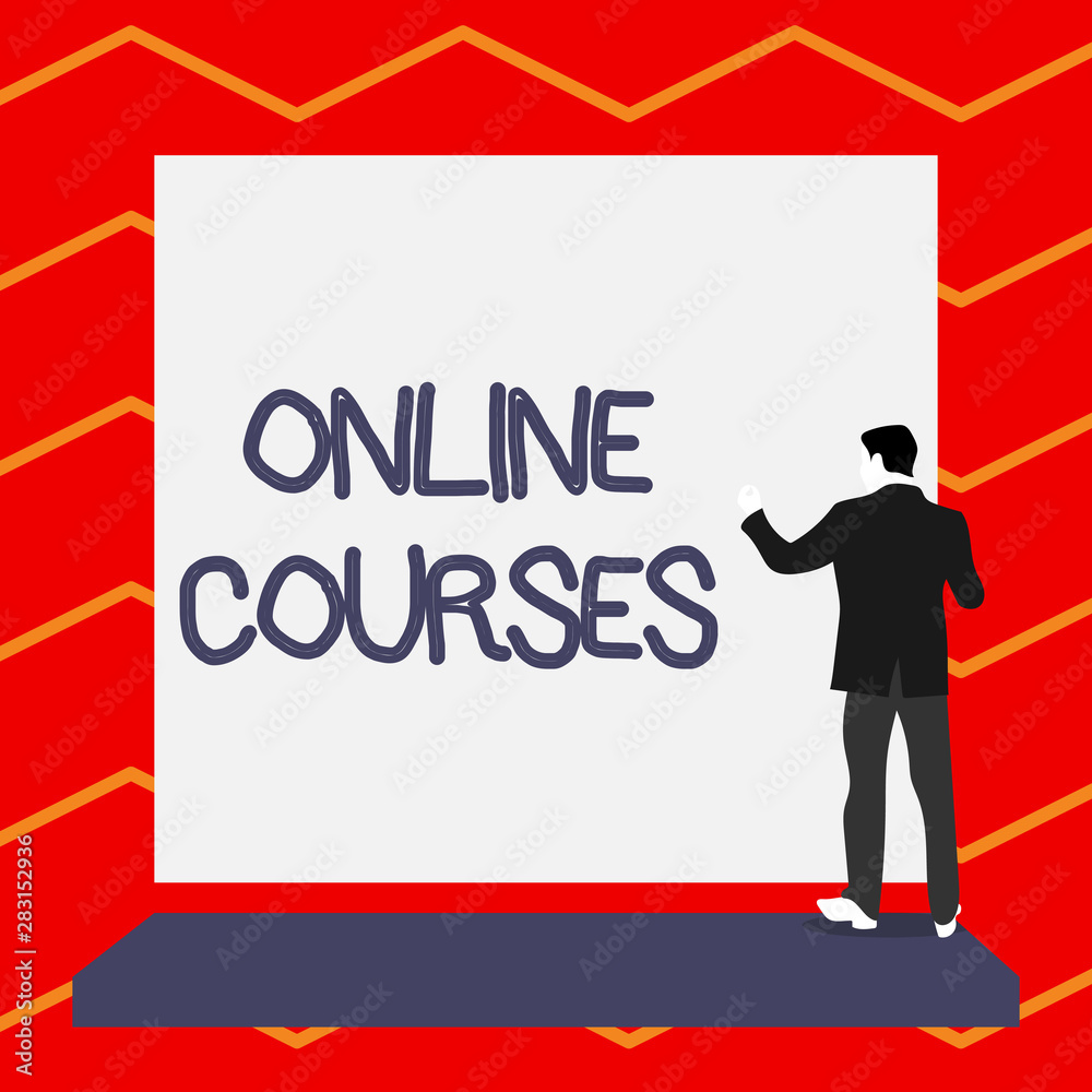Word writing text Online Courses. Business photo showcasing Revolutionizing formal education Learning through internet Short hair immature young man stand in front of rectangle big blank board Word writing text Online Courses. Business photo showcasing Revolutionizing formal education Learning through internet Short hair immature young man stand in front of rectangle big blank board