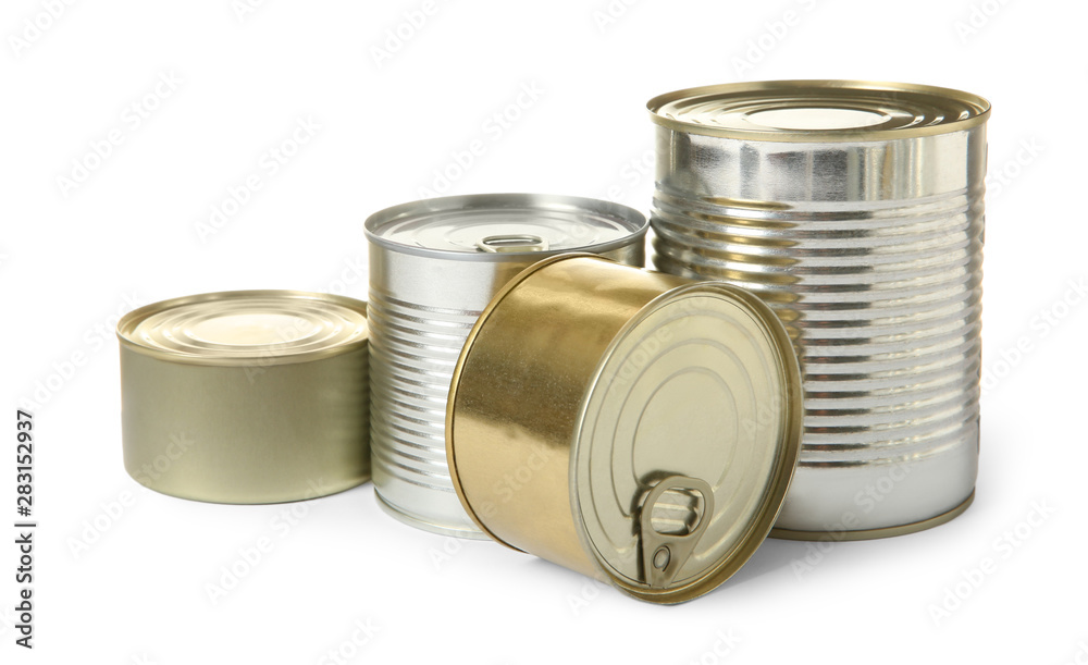 Closed tin cans isolated on white, mockup for design Closed tin cans isolated on white, mockup for design