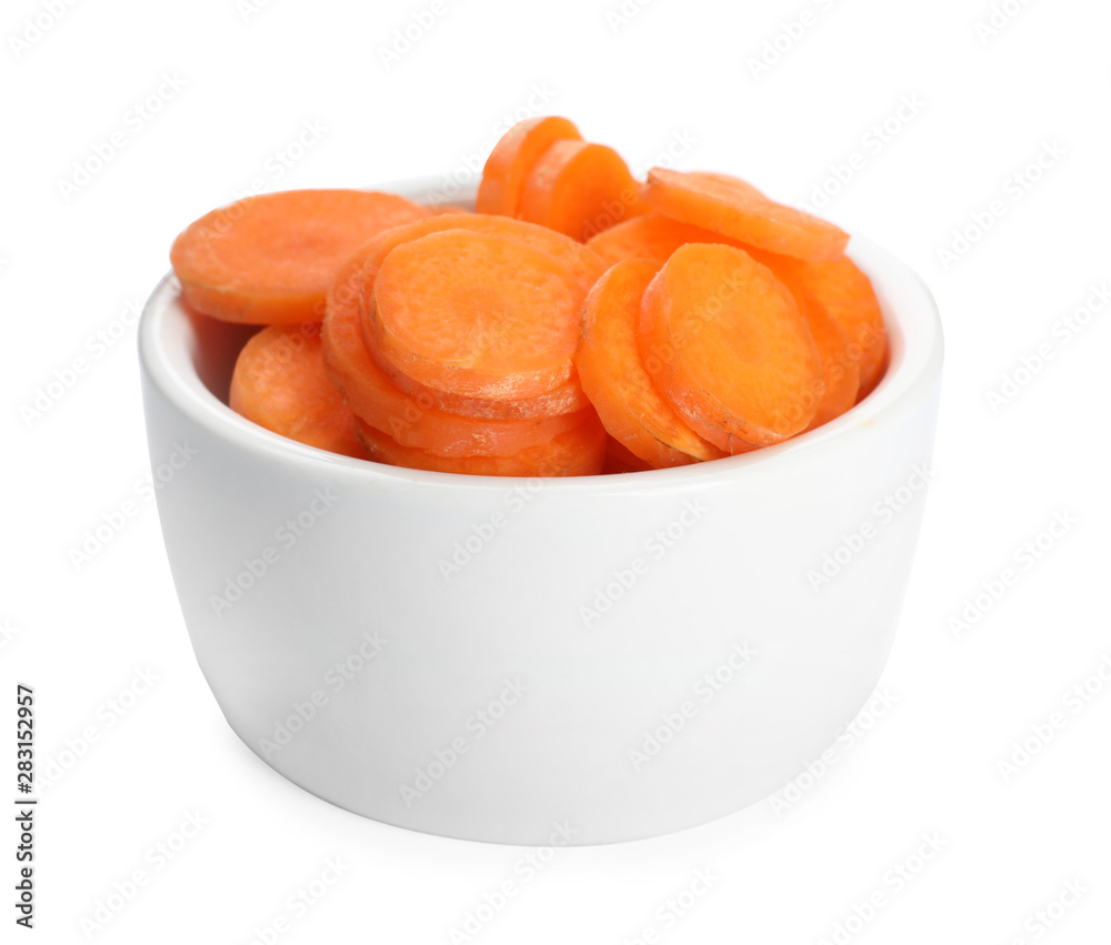 Bowl of chopped raw carrot isolated on white Bowl of chopped raw carrot isolated on white