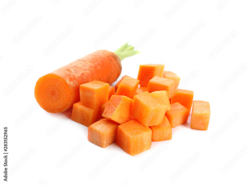 Pile of fresh cubes and carrot isolated on white
