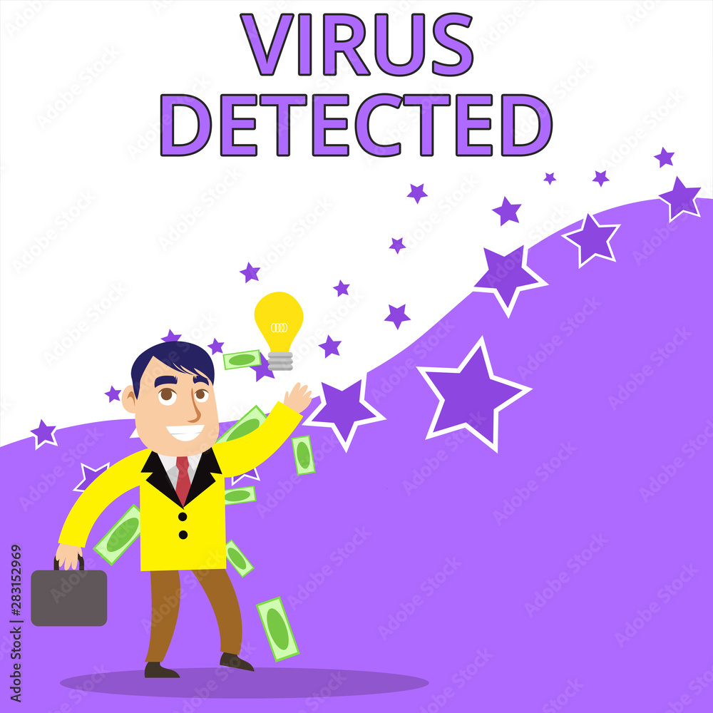 Text sign showing Virus Detected. Business photo text A computer program used to prevent and remove malware Successful Businessman or Clerk Generating Good Idea or Finding Solution Text sign showing Virus Detected. Business photo text A computer program used to prevent and remove malware Successful Businessman or Clerk Generating Good Idea or Finding Solution