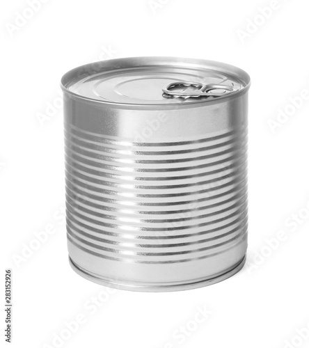 Closed tin can isolated on white, mockup for design