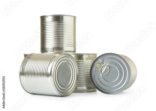 Closed tin cans isolated on white, mockup for design photo