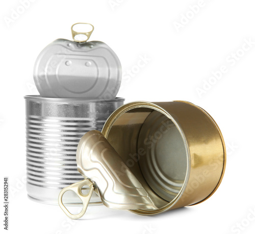 Open tin cans isolated on white, mockup for design