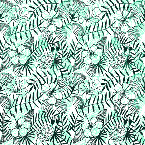 tropical flowers, leaves. seamless pattern. eps 10 vector illustration. hand drawing