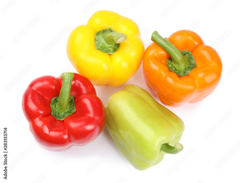 Fresh ripe bell peppers on white background, top view Fresh ripe bell peppers on white background, top view