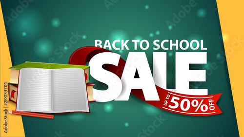 Back to school sale, green web banner with school textbooks and notebook