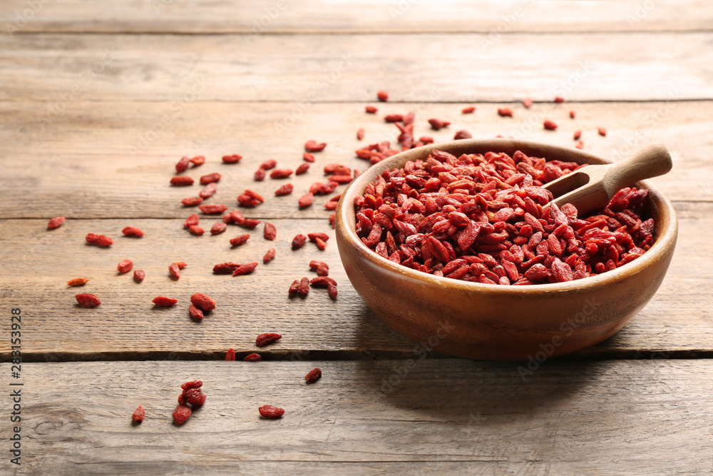 Bowl of dried goji berries and scoop on wooden table, space for text. Healthy superfood Bowl of dried goji berries and scoop on wooden table, space for text. Healthy superfood