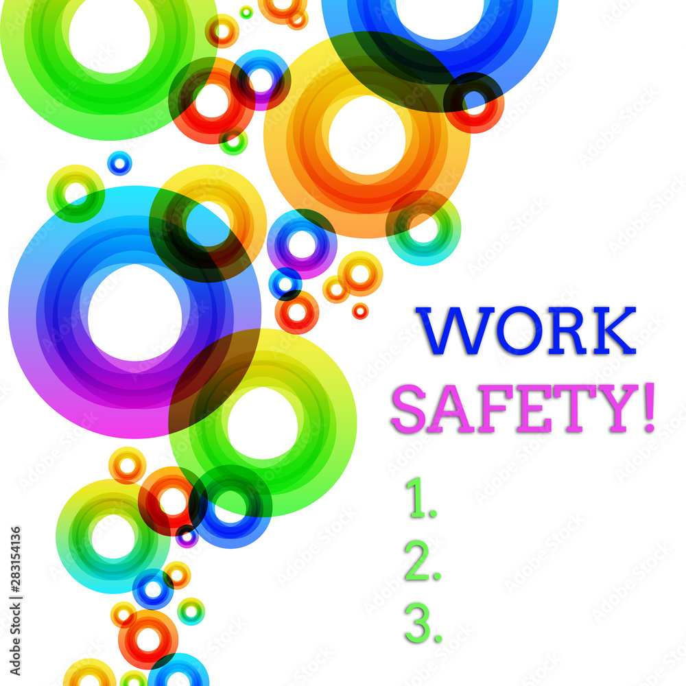 Word writing text Work Safety. Business photo showcasing policies and procedures in place to ensure health of employees Vibrant Multicolored Circles Disks of Different Sizes Overlapping Isolated