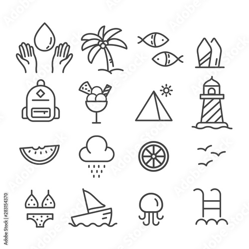 Simple set of summer, sea icons outline isolated on white background