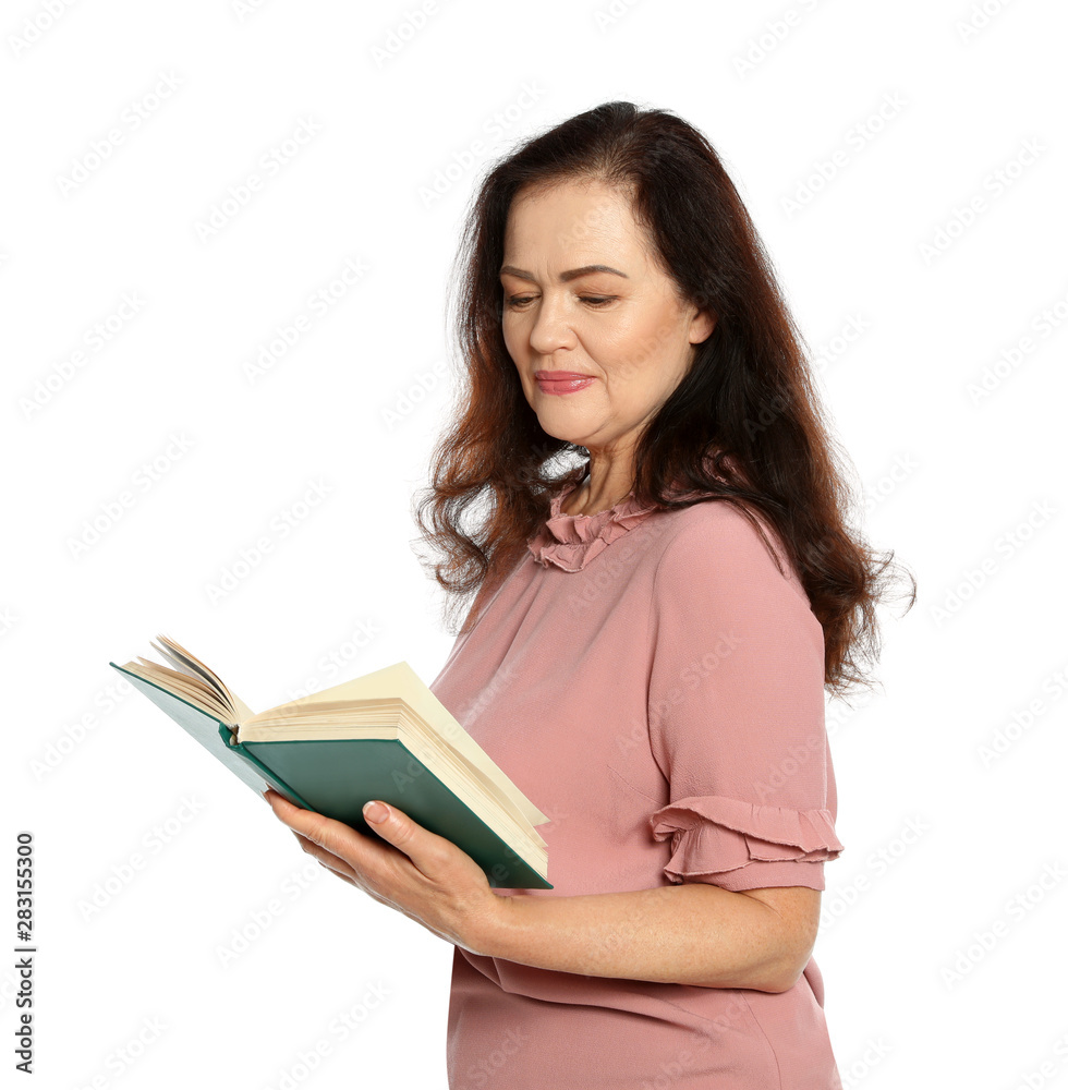 Mature woman reading book on white background Mature woman reading book on white background