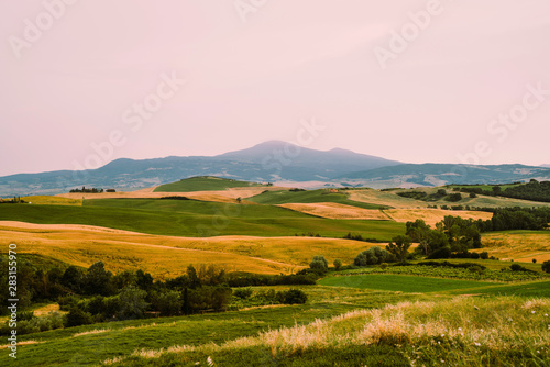 Tuscany, Italy. Tuscan hills during harvest period. Unique landscape with rolling hills. Travel. Beautiful destination. Vacation trip.