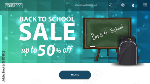 Back to school sale, modern blue horizontal web banner with school Board and school backpack