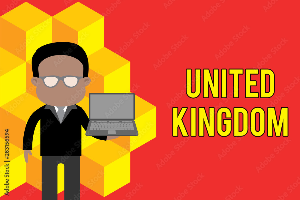 Word writing text United Kingdom. Business photo showcasing Island country located off the northwestern coast of Europe Standing man in suit wearing eyeglasses holding open laptop photo Art