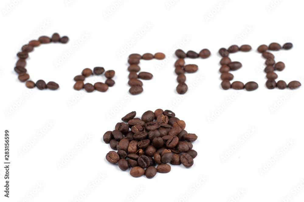 Coffee beans isolated on white background.Coffee time.Copy space Coffee beans isolated on white background.Coffee time.Copy space