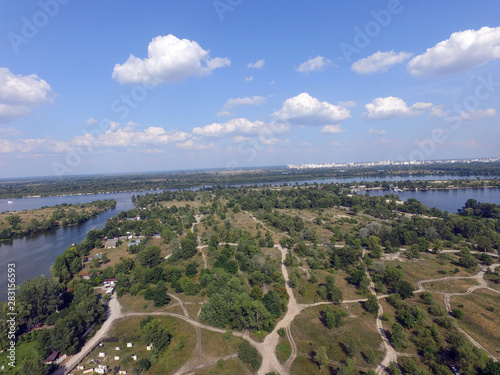 Aerial drone view of Kiev cityscape  Dnepr river.